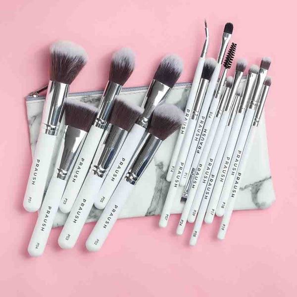 16 Pcs Professional Makeup Brush Set (Face + Eyes) with FREE Marble Makeup Pouch