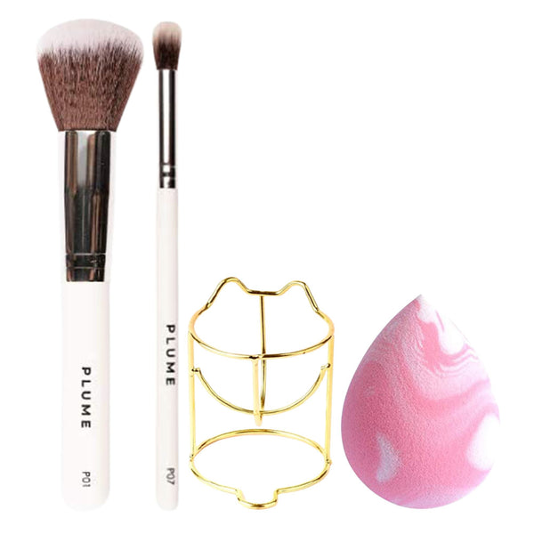 Make Up Tools Bundle - Praush Beauty Professional Powder Big Brush, P07 - Fluffy Eyeshadow Blending Big Brush, Super Soft Celestial Sponge, Makeup Sponge Holder - Gold